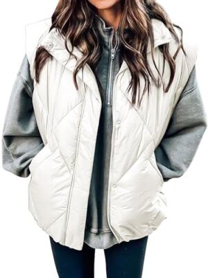 LEANI Women's 2024 Oversized Puffer Vest Sleeveless Stand Collar Puffer Jacket Zip Up Gilet Coat With Pockets