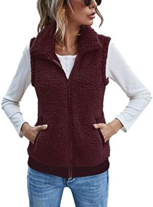 LOMON Womens Fuzzy Fleece Vest, Casual Warm Sleeveless Zip Up Sherpa Vest Jacket with Pockets for Fall/Winter