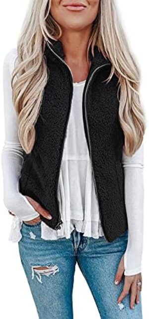 LOMON Womens Fuzzy Sherpa Fleece Jacket Lightweight Vest Cozy Sleeveless Cardigan Zipper Waistcoat Outerwear with Pocket