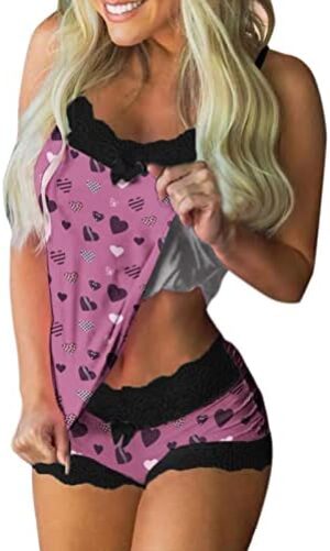 Lingerie for Women for Sex Naughty: Valentine's Day Print Pajamas Set Sleepwear Cami Shorts Sleeveless Lace Intimates