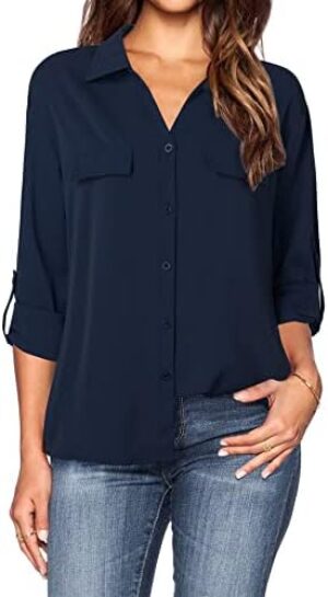 Lotusmile Women's Dressy Lapel Button Down Shirts for Work Office Business Casual Chiffon Blouse Tops