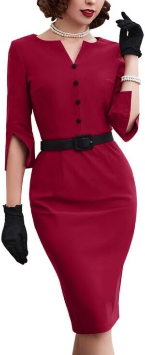 MUXXN Women's 3/4 Sleeve Midi V Neck 1950s Vintage Business Office Formal Wear to Work Sheath Pencil Dress