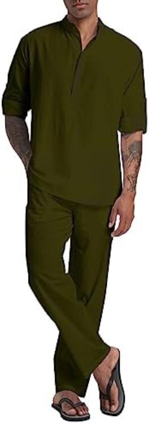 Men's Linen Sets Henley Shirts 2 Piece Vacation Outfits Beach Clothes Casual Suit Long Sleeve Shirt Yoga Pants Summer