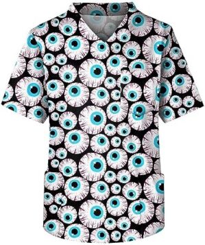 Men's Scrub Tops Short Sleeve V Neck Vintage Print Workwear Nurse Uniform Carer Scrub Tops with 3 Pockets