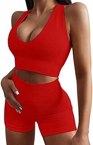 Micoson Womens Seamless Workout Sets Two Piece Exercise Outfits Ribbed Racerback Activewear Sets