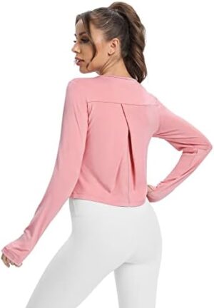Mippo Womens Cropped Long Sleeve Workout Top Athletic Gym Running Shirts with Thumb Hole