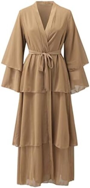 Muslim Arabic Dresses for Women Ruffle Tiered Chiffon Cardigan Islamic Abaya Self Tie Waist Dubai Gown Flowy Arab Caftan
