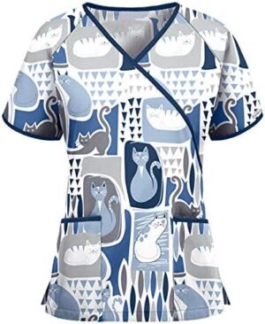 NBXNZWF Womens Cute Scrub Tops Cartoon Animal Patterned Uniforms Under Stretch Nursing Female Dog Cat Print Workwear