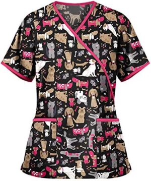 NBXNZWF Womens Under Scrub Tops Animal Printed Scrubs Stretch Dog Cat Pattern Uniforms Cute Pattern Nursing Workwear