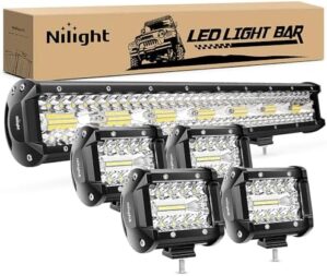 Nilight 20 Inch 420W Triple Row Flood Spot Combo Led Light Bar 4PCS 4Inch 60W LED Pods Driving Boat Lights Led Off Road Trucks Lights , 2 Years Warranty (ZH415), Black