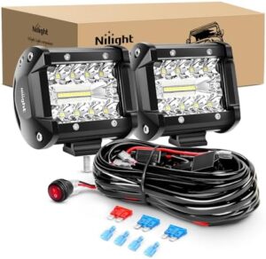Nilight LED Light Bar 2PCS 60W 4 Inch Flood Spot Combo Work Light Pods Triple Row Driving Lamp with 12 ft Wiring Harness kit – 2 Leads,2 Year Warranty
