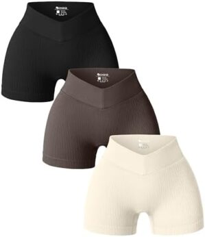 OQQ Women 3 Piece Yoga Shorts Ribbed V Shaped High Waist Workout Exercise Shorts Leggings
