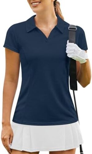 PINSPARK Womens Golf Shirt Short Sleeve Polo Shirts Quick Dry Tennis Tops V-Neck with Collar Pickleball Shirts Golf Outfits