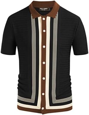PJ PAUL JONES Men's Vintage Stripe Knit Polo Shirts Short Sleeve Stylish Button Down Cardigan Sweater