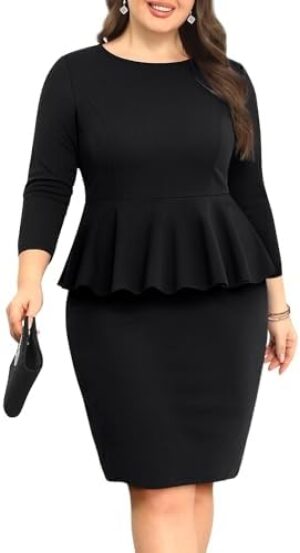 Pinup Fashion Womens Plus Size Peplum Dress 3/4 Sleeve Formal Work Business Knee Length Bodycon Pencil Dresses