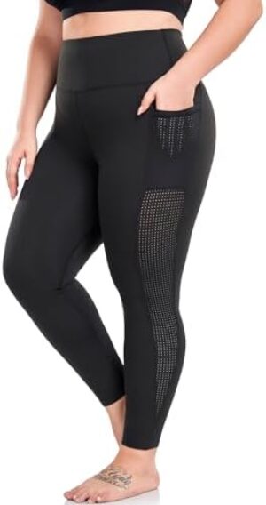 Plus Size Leggings for Women with Pockets Stretchy, L-5XL Tummy Control High Waist Workout Black Mesh Yoga Pants