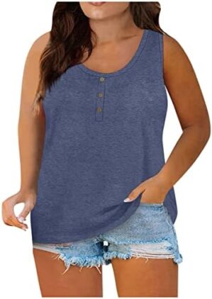 Plus Size Tank Tops for Women Loose Fit Summer Sleeveless Plain T-Shirts Tops Casual Button Shirts