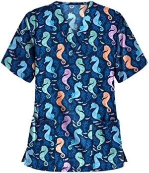 Print Scrubs for Women 2024 Summer Plus Size Scrub Tops V-Neck Fun T Shirts Workwear Workers Uniform Tee with Pockets