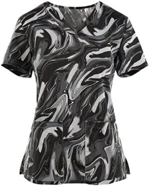 Scrub Tops Women Loose Stretchy Printed Plus Size Working Uniform Blouse Summer Short Sleeve Cute Tees with Pockets