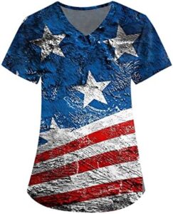 Scrub Tops Women Plus Size American Flag Independence Day V Neck Scrubs 4th of July Nursing Working Uniform