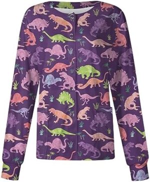Scrub Tops Womens Cartoon Dinosaur Print Long Sleeve Button Stretch Nurse Uniforms Plus Size Medical Workwear Tshirt