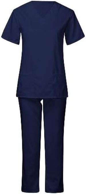 Scrub for Women Set Modern V-Neck Solid Top Workwear Drawstring Threaded Pant Legs Uniforms Athletic Stretch Set