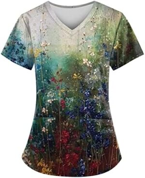 Scrubs 2024 Women's Scrub Tops with Designs Stretchy Plus Size Nursing Uniforms Scrubs Shirts with Pockets