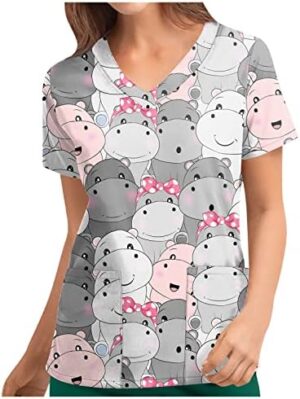 Scrubs for Wome Print Nursing Uniforms Breathable Short Sleeve V-Neck Plus Size Shirts Tee Tops with Pockets