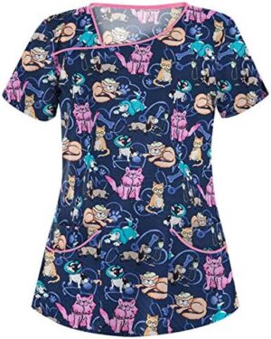 Scrubs for Women Set Short Sleeve V Neck Cartoon Pattern Nursing Uniforms Workwear Scrub Tops Shirts with Pockets