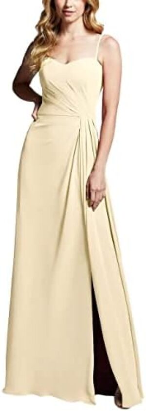 Spaghetti Straps Chiffon Bridesmaid Dresses Long with Slit Pleated A-Line Formal Wear for Women Wedding Party