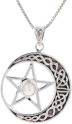 Sterling Silver Celtic Moon and Star Pentacle Pendant with Moonstone on Chain Necklace