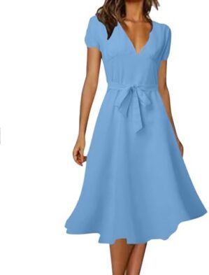 Summer Dresses Women 2024 Sexy V Neck Beach Dress Elegant A Line Midi Work Dress Plus Size Cute Short Sleeve Vacation Dress