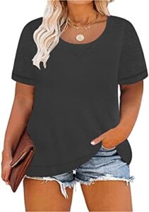 TIYOMI Plus Size T Shirt for Women Short Sleeve Tunic Cross Line Shirts Round Neck Tops Summer Blouse XL-5XL 14-28