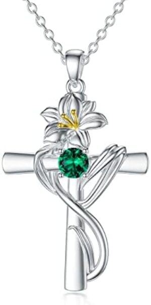 TOUPOP Cross Birth Flower Necklace 925 Sterling Silver Religious Cross Pendant Necklace with 5A CZ Birthstone Faith Christian Jewelry Birthday Gifts for Women Girls Mom Wife Grandma
