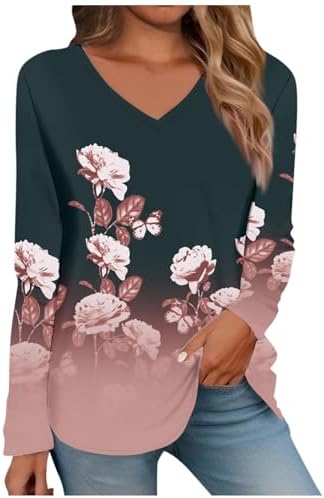 Tops for Women Long Sleeve V Neck Retro Printed Loose Fit Tunic T Shirts 2024 Summer Fashion Cute Tee Blouse