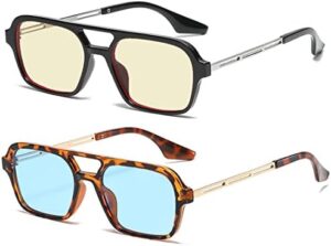 Trendy Retro Vintage 70s Square Flat Aviator Sunglasses for Women Men Rectangle Small Shades Narrow Sunnies Cool Cute Fashion (Tortoise Shell Blue+Light Yellow Green)