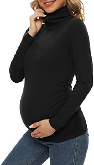 Turtleneck & Long Sleeve Maternity Shirts Side Ruched Maternity Tops for Daily Wear & Casual