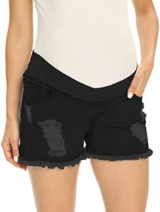 V VOCNI Maternity Women’s Maternity Indigo Blue Mom Tassel Secret Underbelly Denim Shorts