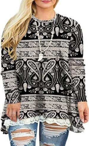 VISLILY Women's Plus Size Tops Lace Tunics Long Sleeve A-Line Blouse Shirts