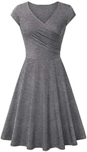WIWIQS Women Vintage Women’s Deep V Neck Casual Cross Wrap Flared Midi Dress