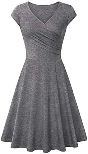 WIWIQS Women Vintage Women's Deep V Neck Casual Cross Wrap Flared Midi Dress