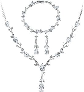 Wedding Jewelry Set for Bride Bridal Jewelry Set for Wedding Cubic Zirconia Necklace Earrings Bracelet Sets for Bride Silver Jewelry Set for Women Bridesmaid Jewelry Set for Wedding Costume Jewelry