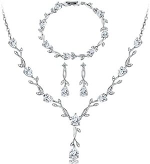 Wedding Jewelry Set for Bride Bridal Jewelry Set for Wedding Cubic Zirconia Necklace Earrings Bracelet Sets for Bride Silver Jewelry Set for Women Bridesmaid Jewelry Set for Wedding Costume Jewelry