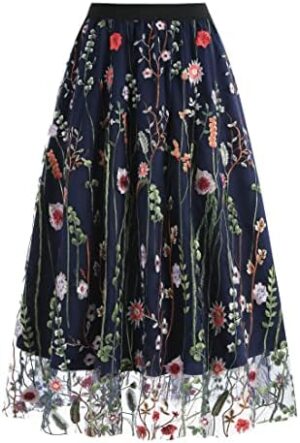 Wellwits Women's Mesh Overlay High Waist Casual Formal Flare Midi Skirt