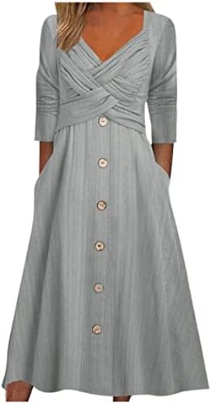 Women 3/4 Sleeve Cross Bandage Knit Ribbed A-Line Dress Summer Button Decoration Fashion V Neck High Waist Dresses