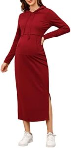 Women Casual Maternity Dress Long Sleeve Hoodie Breastfeeding Sweatshirt Dresses Pregnancy Pockets Split Maxi Dress