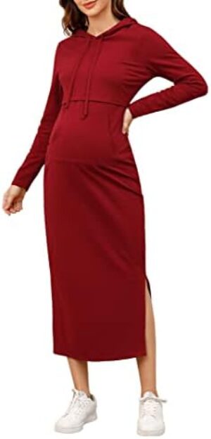 Women Casual Maternity Dress Long Sleeve Hoodie Breastfeeding Sweatshirt Dresses Pregnancy Pockets Split Maxi Dress