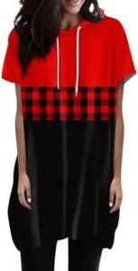 Women Hoodies Dress Contrast Color Printed Short Sleeve Hooded Tunic Oversized Sweatshirt Pockets Loose Pullover Jumper Dress