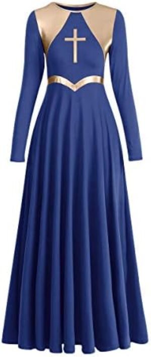 Women Metallic Cross Liturgical Praise Dance Dress Lyrical Dancewear Color Block Full Length Robe Worship Costume