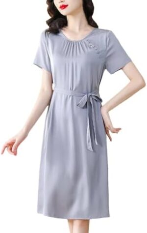 Women Solid O-Neck Formal Wear Dress Casual Midi Satin Dress Slim Tunics Evening Dresses